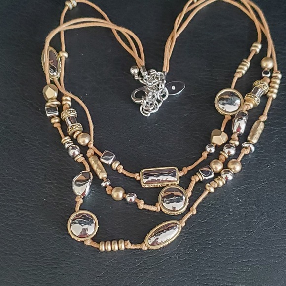 Chico's Three Strand Silver Tone Hammered Beads with Gold Accents on Tan Cord - Picture 2 of 10